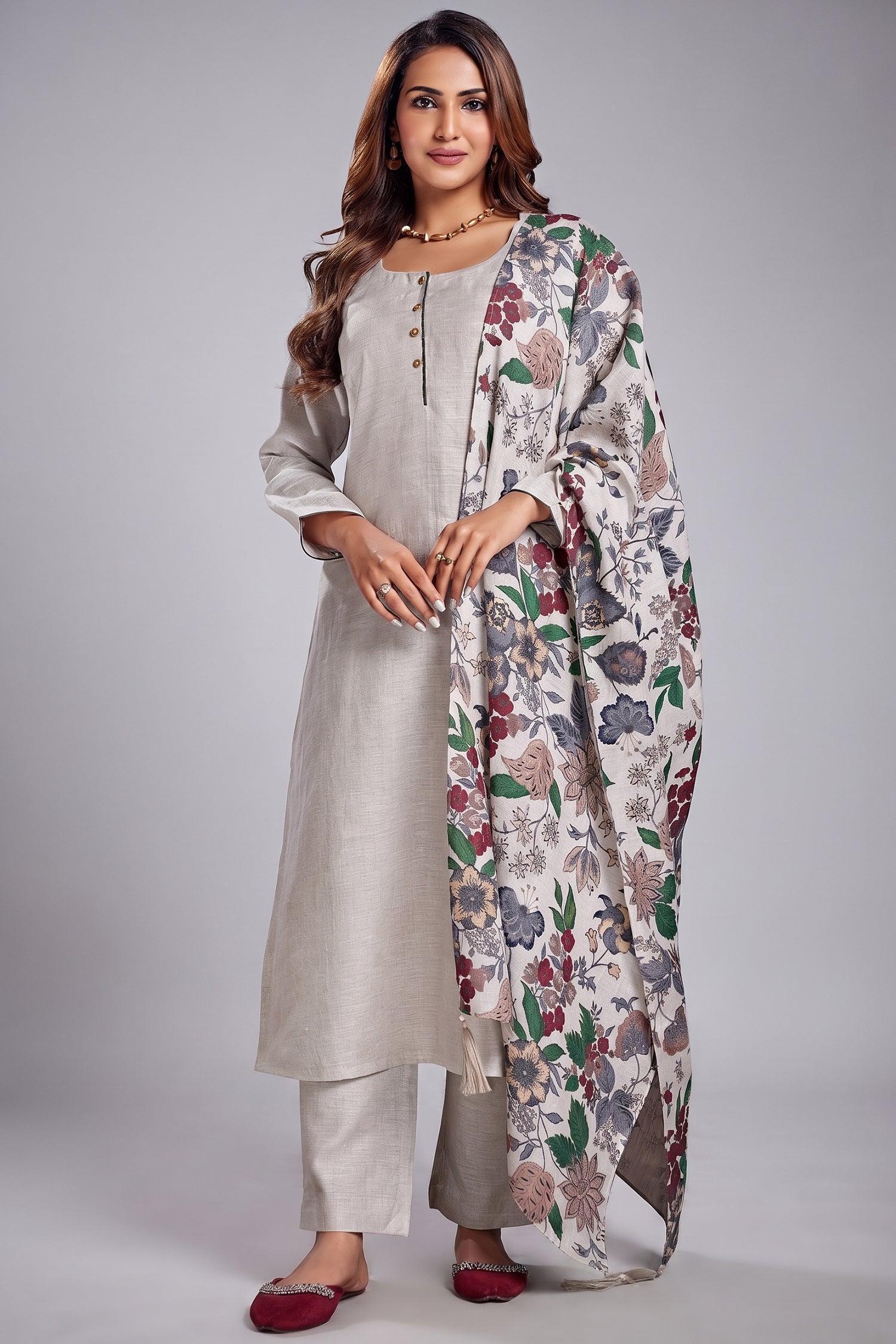 Light Grey Linen Straight Cut Kurta Set Main image