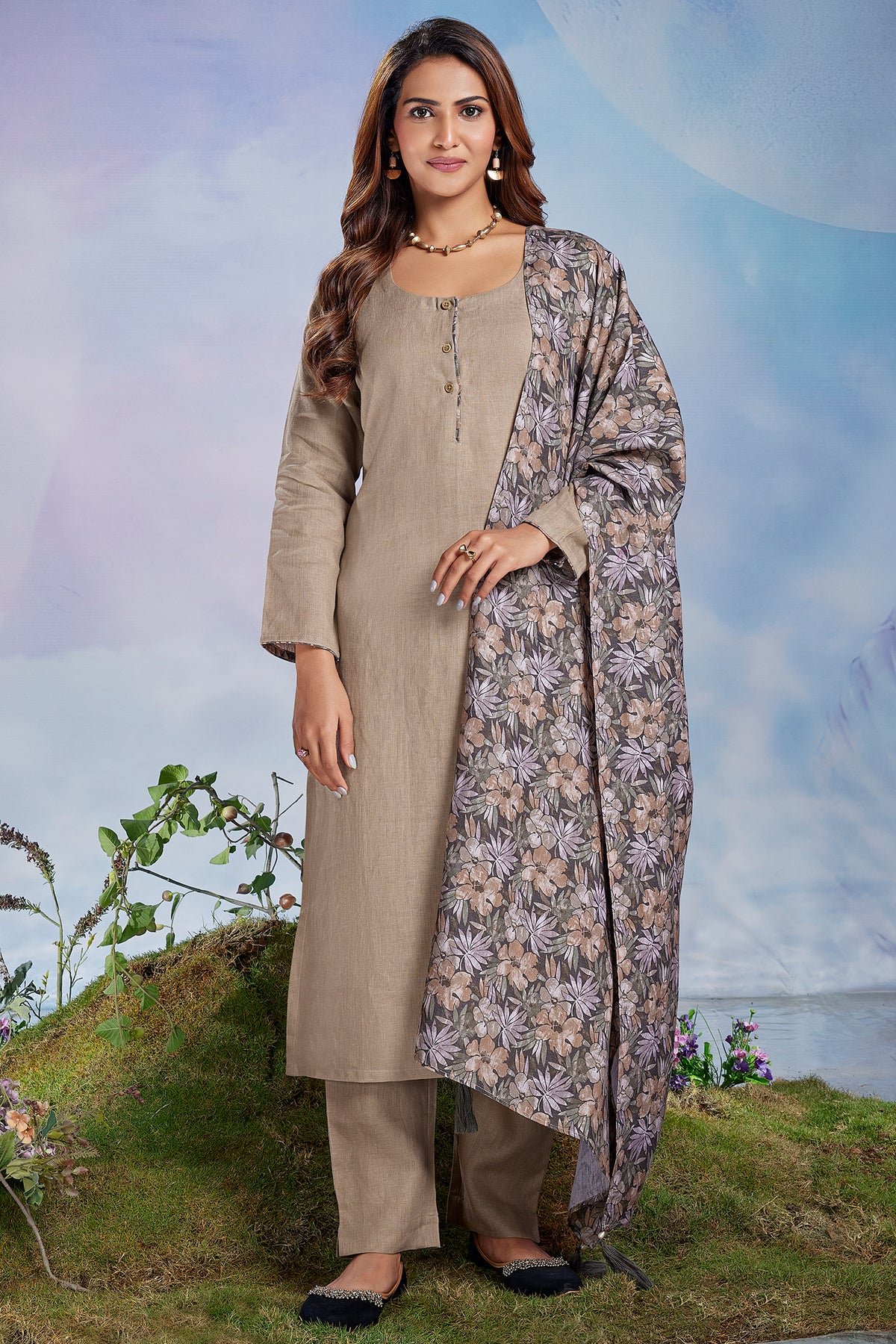 Taupe Linen Straight Cut Kurta Set