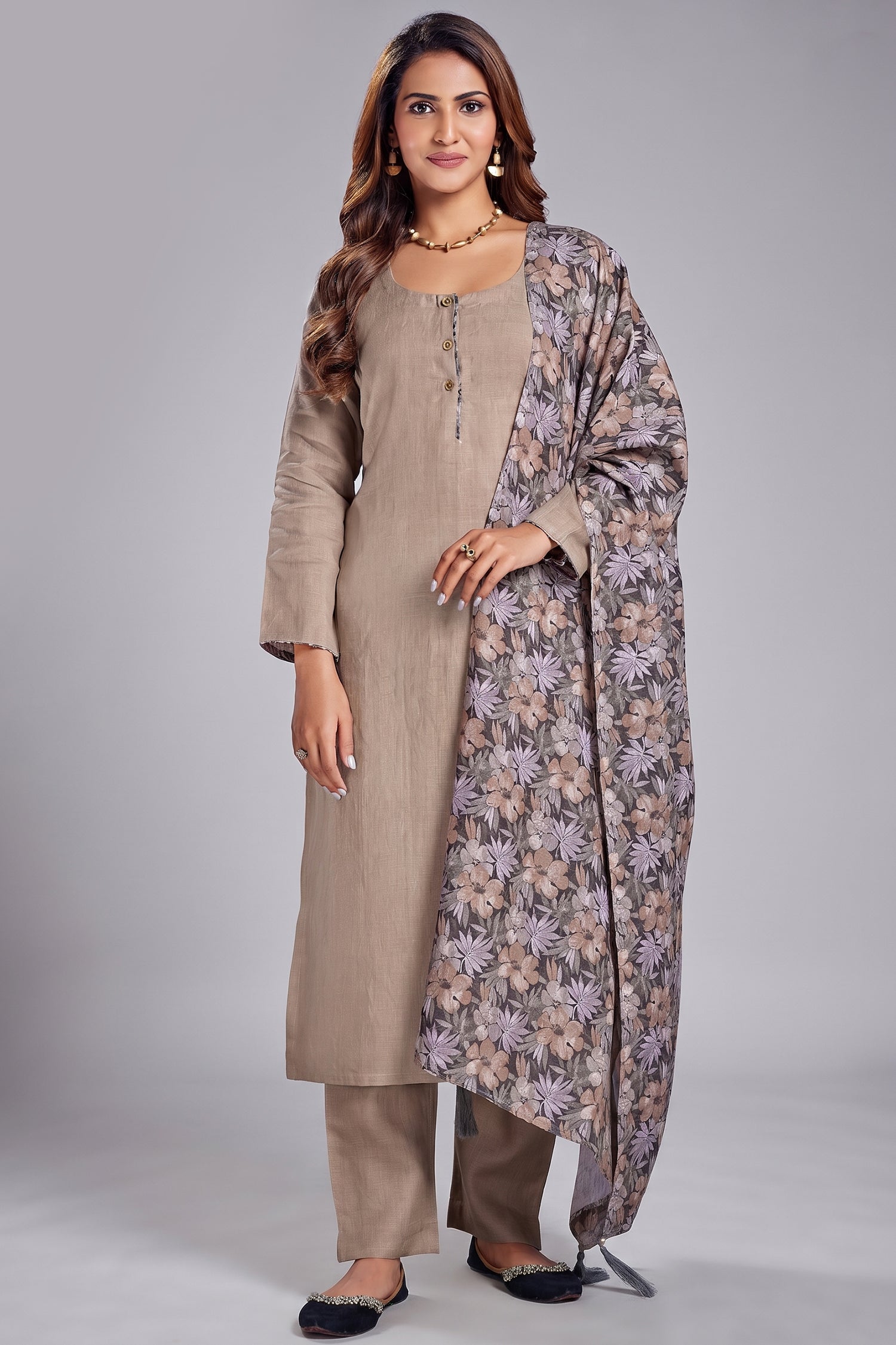 Taupe Linen Straight Cut Kurta Set Main image