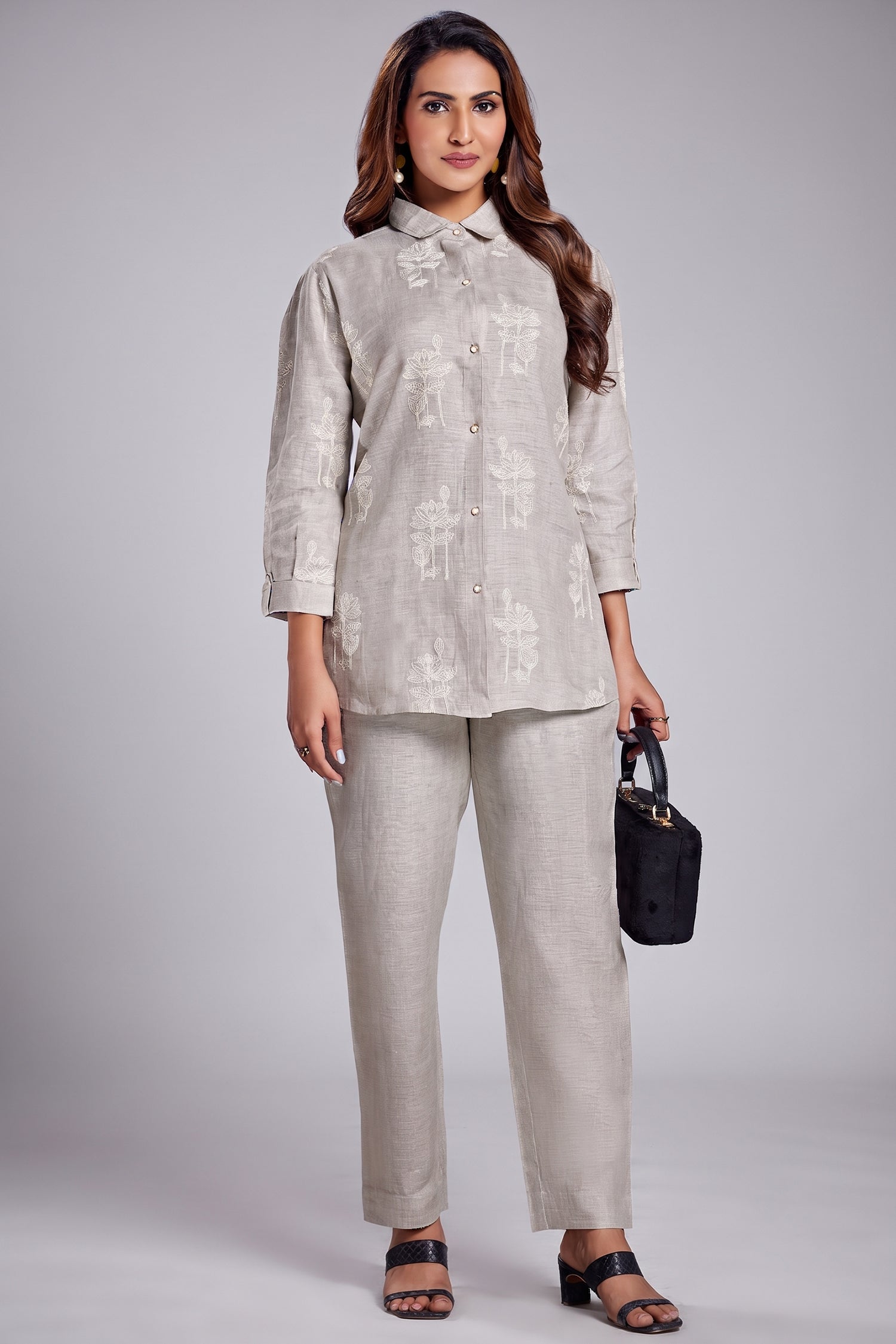 Light Grey Linen Embroidered Co-Ord Set Main image