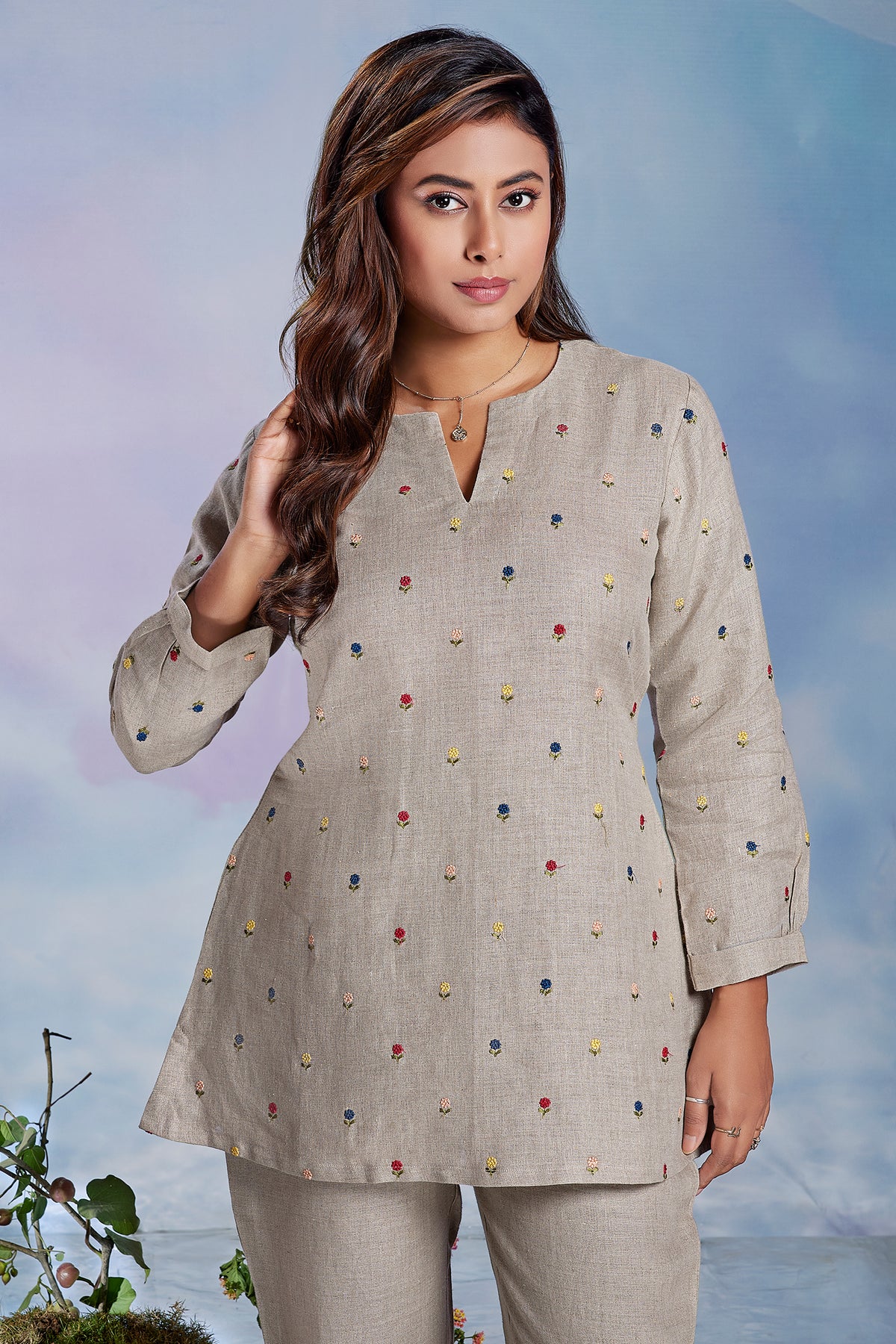Beige Linen Floral Embroidered Buttis Co-Ord Set