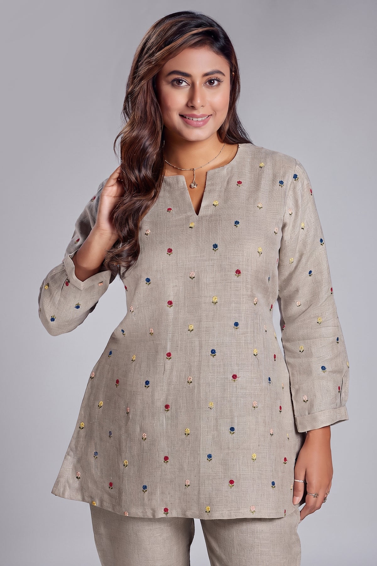 Beige Linen Floral Embroidered Buttis Co-Ord Set