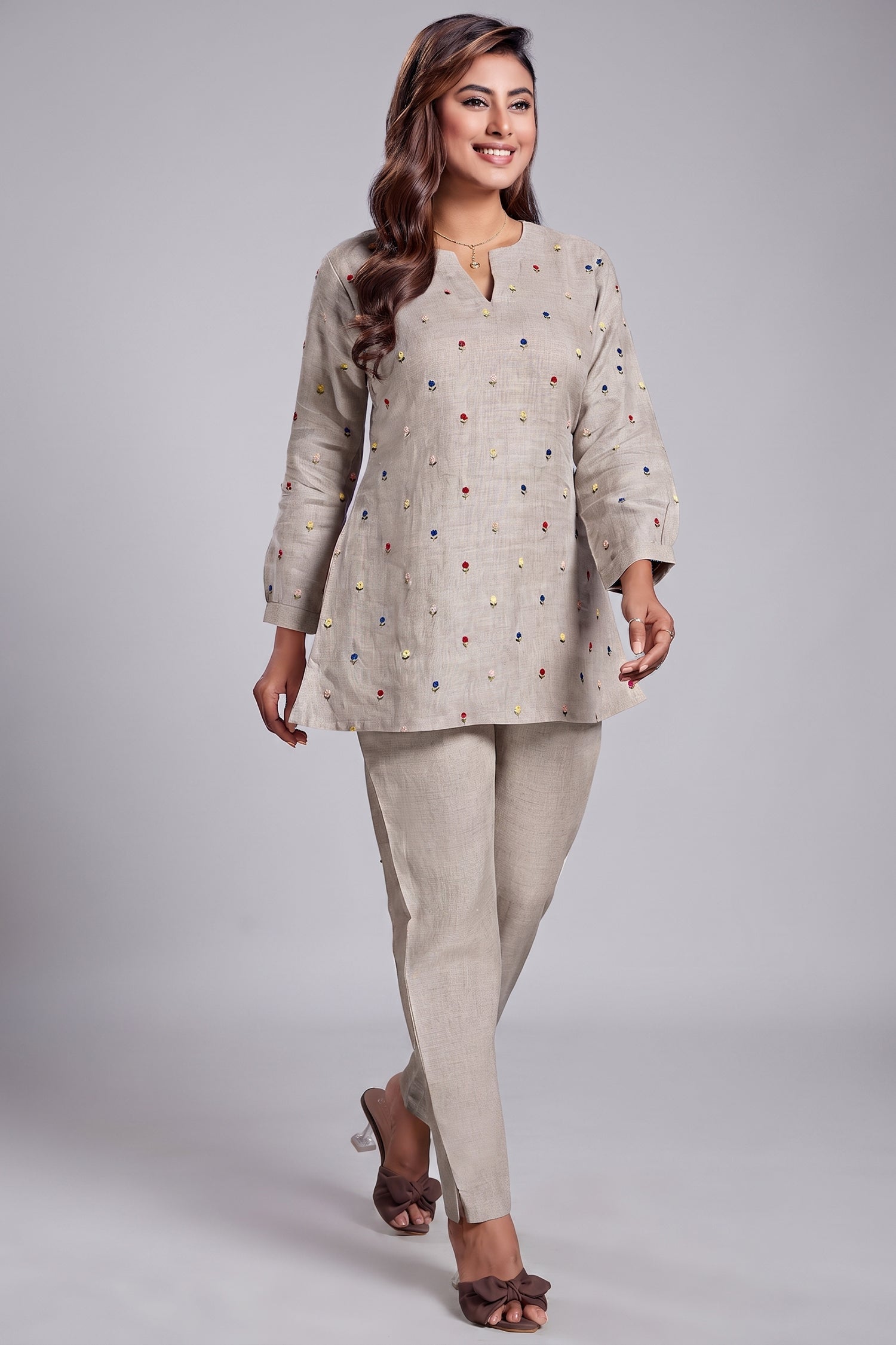 Beige Linen Floral Embroidered Buttis Co-Ord Set Main image