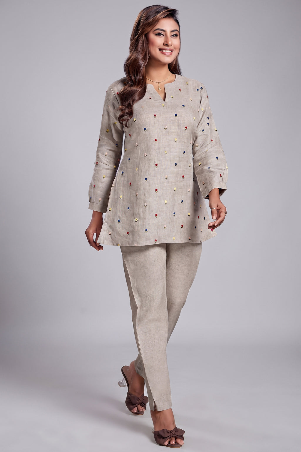 Beige Linen Floral Embroidered Buttis Co-Ord Set