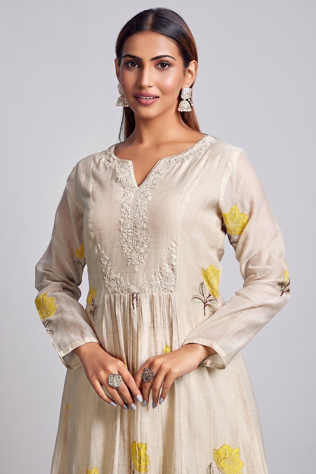 Ivory Cream Cotton Mul Floral Motif Kurta Set