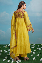 Yellow Cotton Mul Floral Embroidered Anarkali Kurta Set