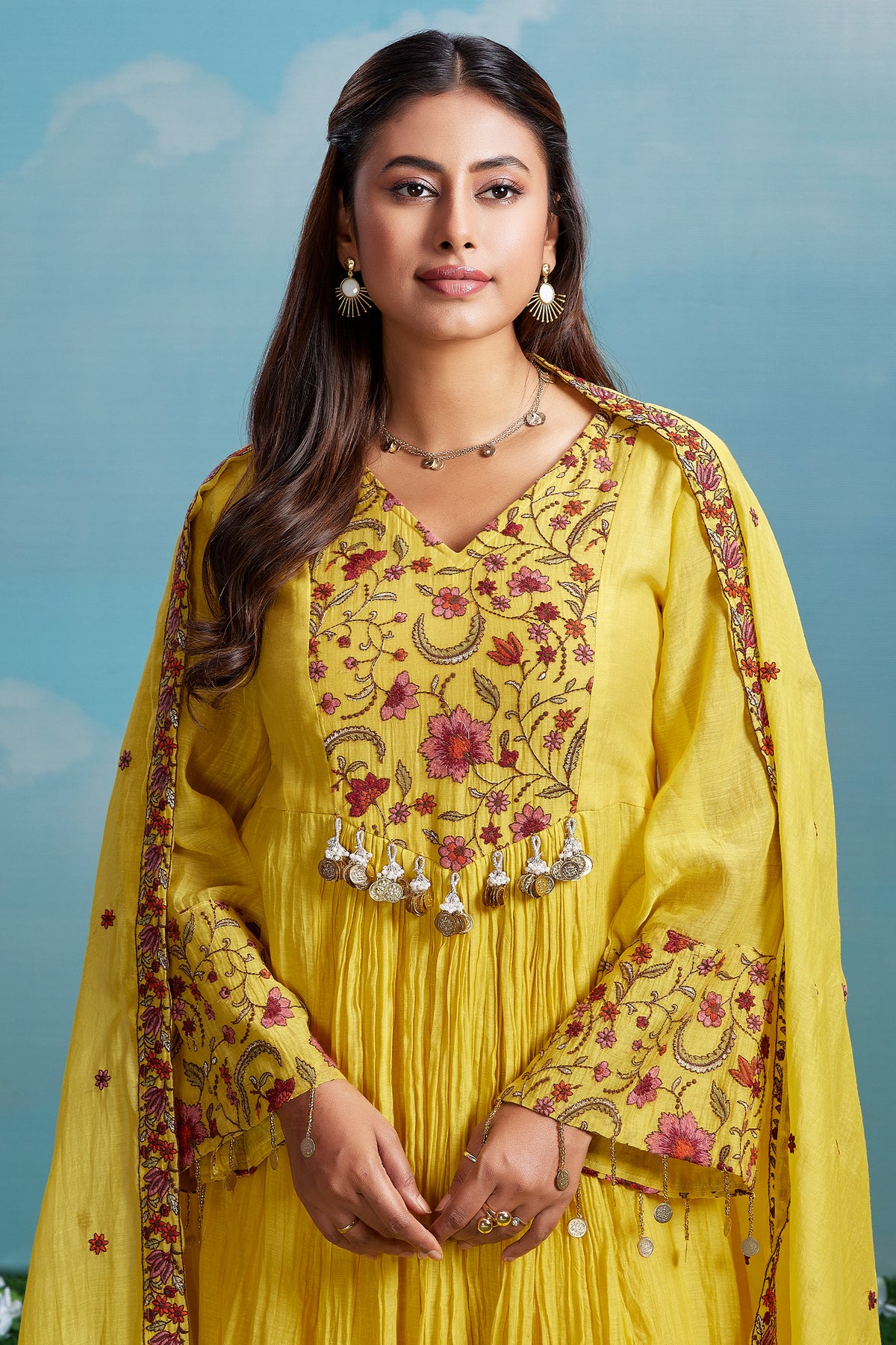 Yellow Cotton Mul Floral Embroidered Anarkali Kurta Set