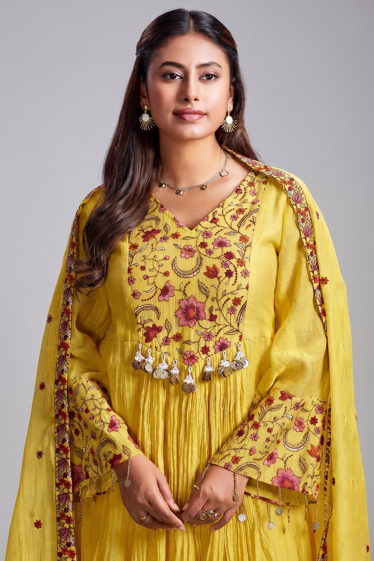 Yellow Cotton Mul Floral Embroidered Anarkali Kurta Set