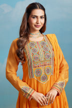 Orange Cotton Mul Mirror Embroidered Bodice Kurta Set