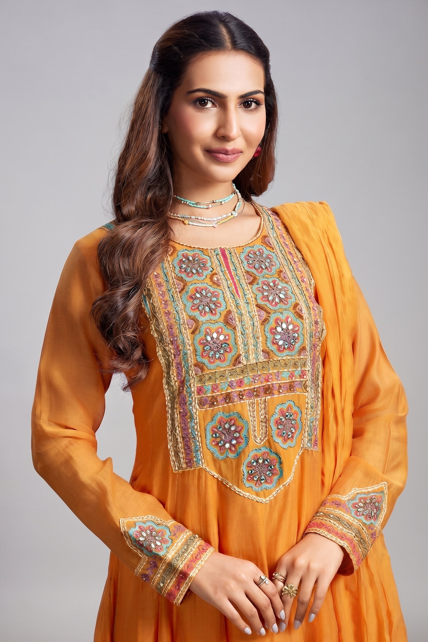 Orange Cotton Mul Mirror Embroidered Bodice Kurta Set Secondary image