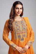 Orange Cotton Mul Mirror Embroidered Bodice Kurta Set