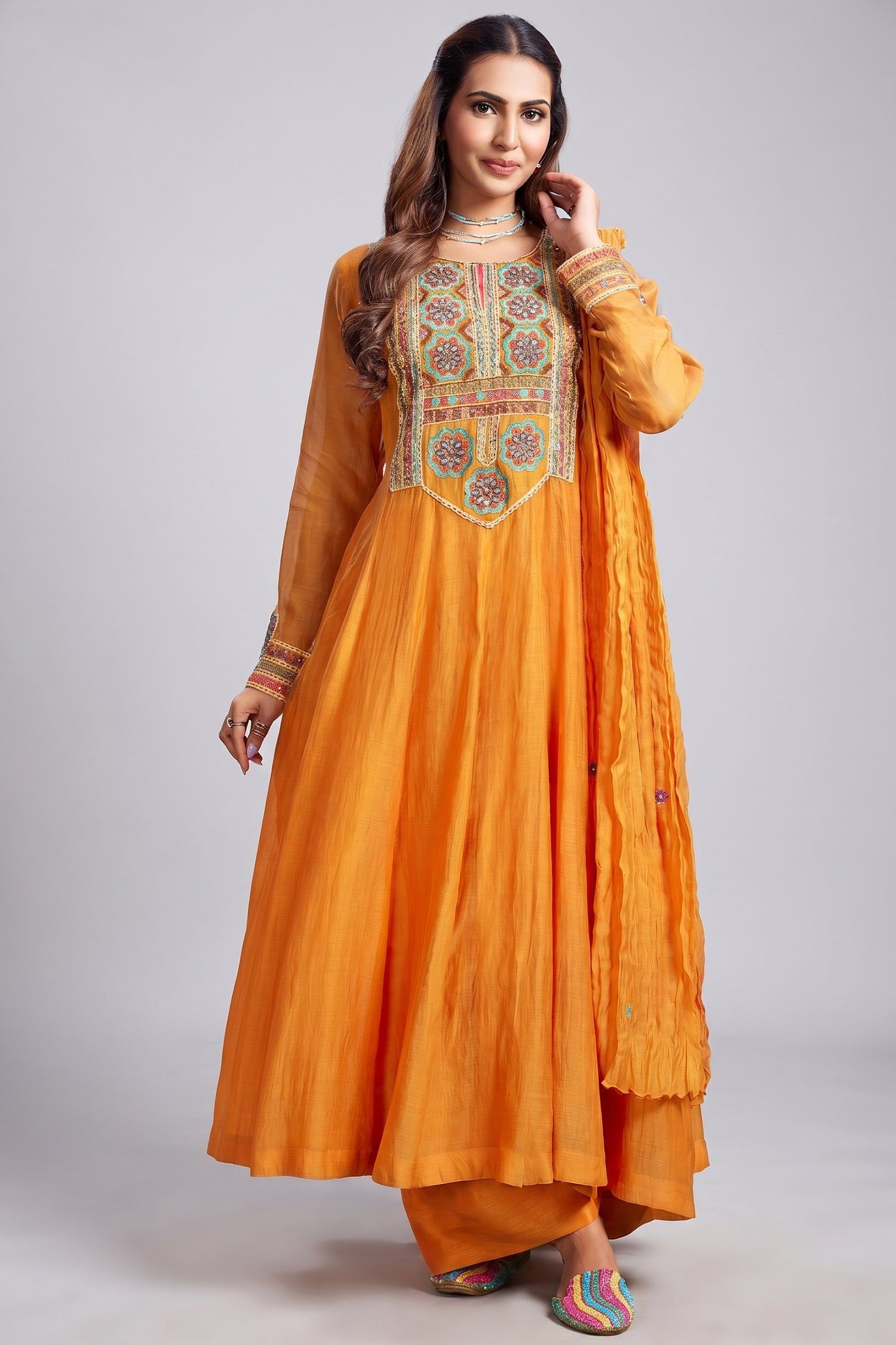 Orange Cotton Mul Mirror Embroidered Bodice Kurta Set Main image