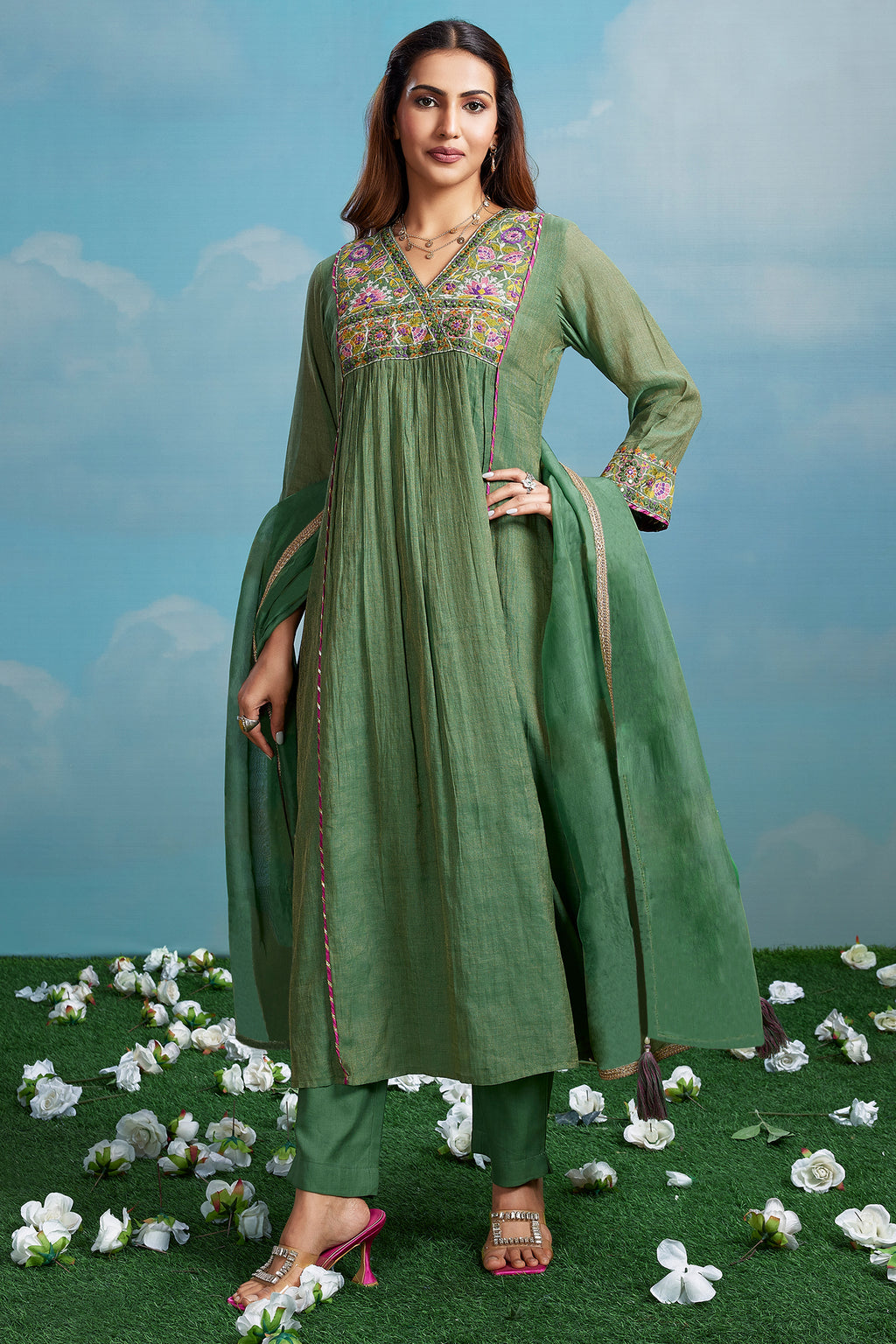 Meadow Green Cotton Silk Mul Embroidery Mirror Wrap Bodice Kurta Set