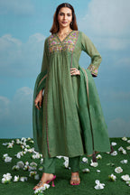 Meadow Green Cotton Silk Mul Embroidery Mirror Wrap Bodice Kurta Set