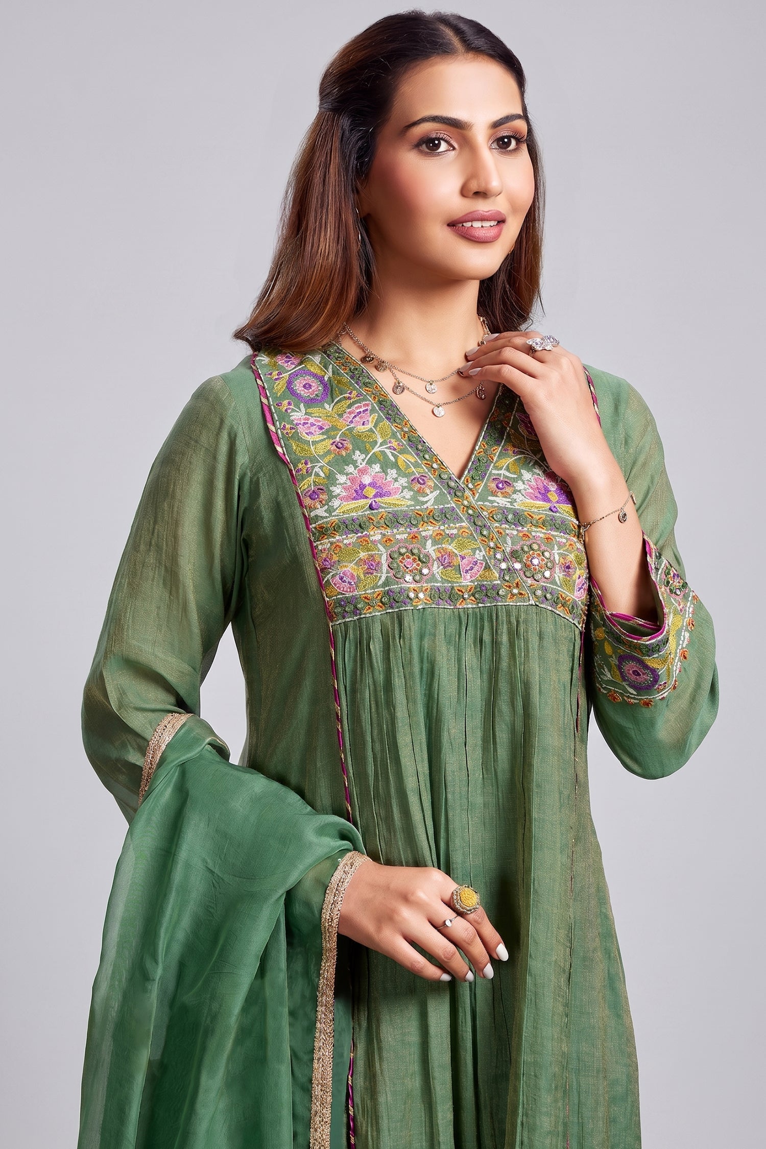Meadow Green Cotton Silk Mul Embroidery Mirror Wrap Bodice Kurta Set