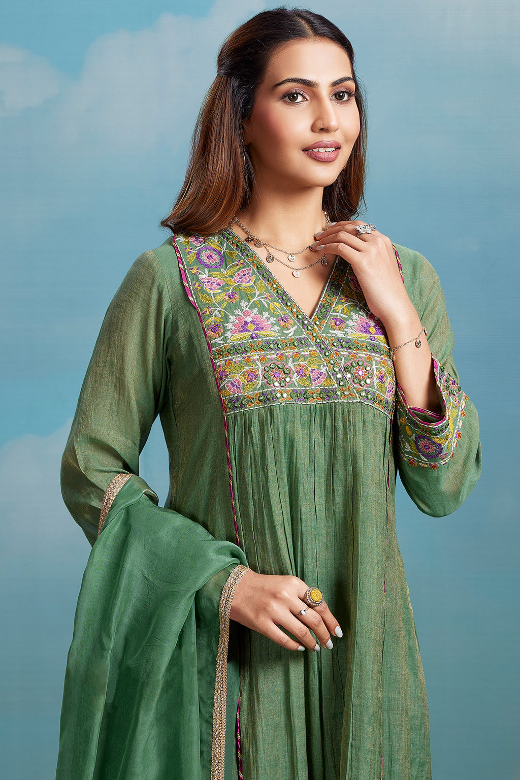 Meadow Green Cotton Silk Mul Embroidery Mirror Wrap Bodice Kurta Set