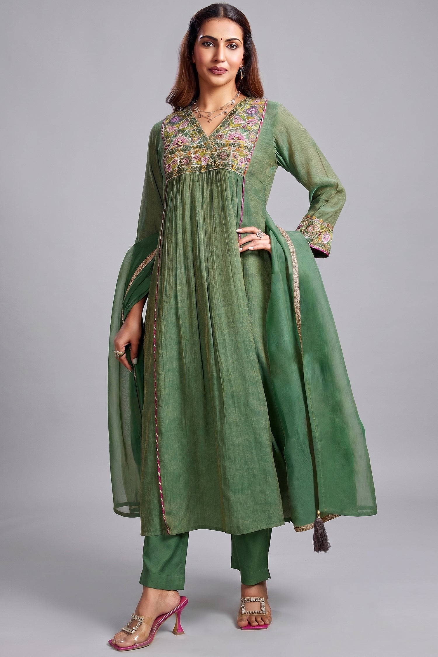 Meadow Green Cotton Silk Mul Embroidery Mirror Wrap Bodice Kurta Set Main image