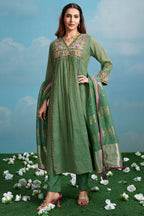 Meadow Green Cotton Silk Mul Embroidery Mirror Wrap Bodice Kurta Set