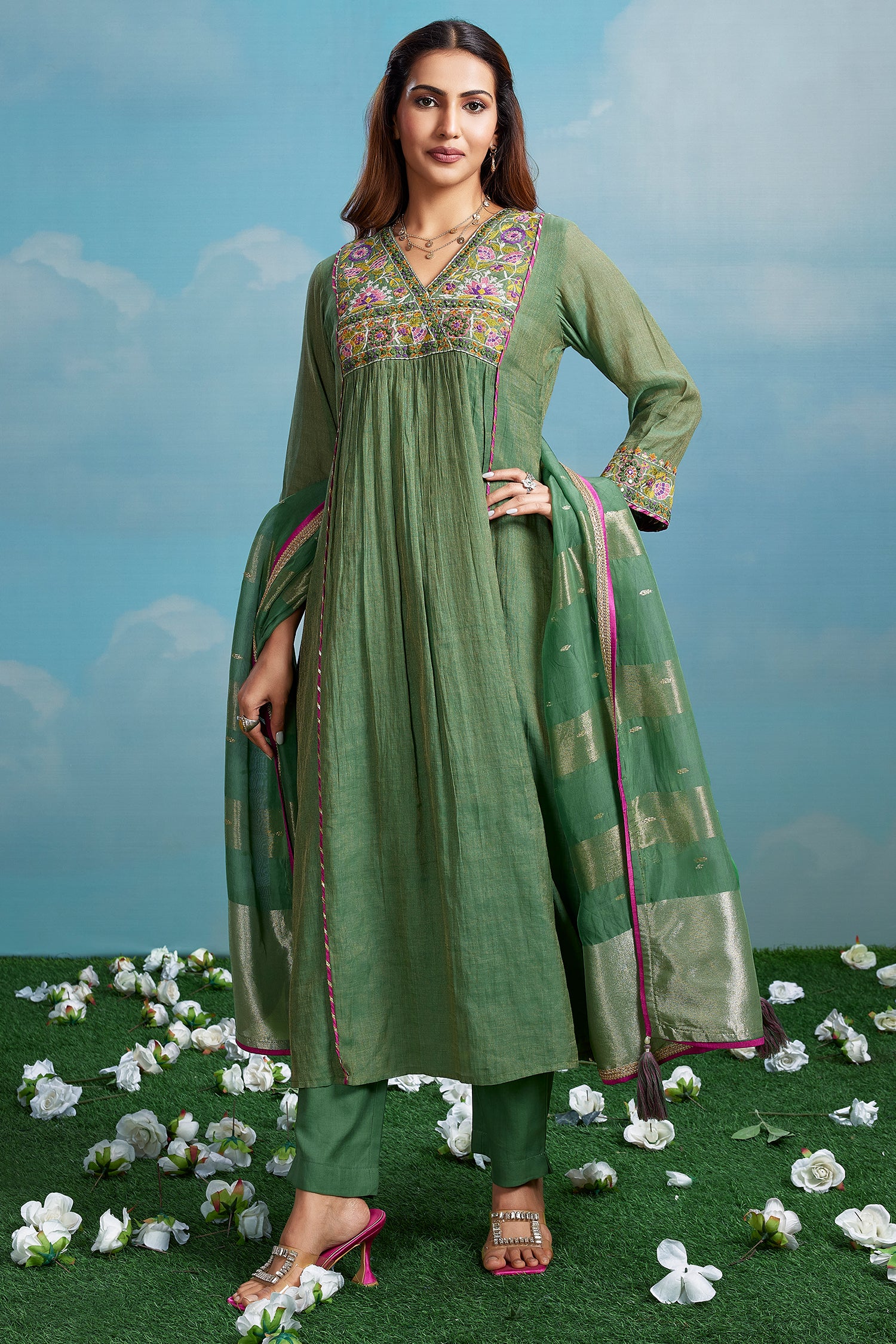 Meadow Green Cotton Silk Mul Embroidery Mirror Wrap Bodice Kurta Set