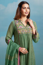 Meadow Green Cotton Silk Mul Embroidery Mirror Wrap Bodice Kurta Set