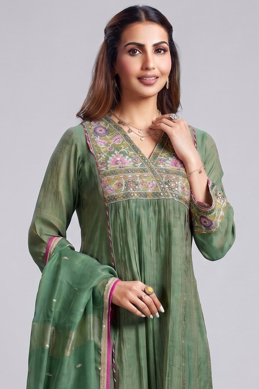 Meadow Green Cotton Silk Mul Embroidery Mirror Wrap Bodice Kurta Set