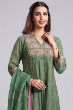 Meadow Green Cotton Silk Mul Embroidery Mirror Wrap Bodice Kurta Set
