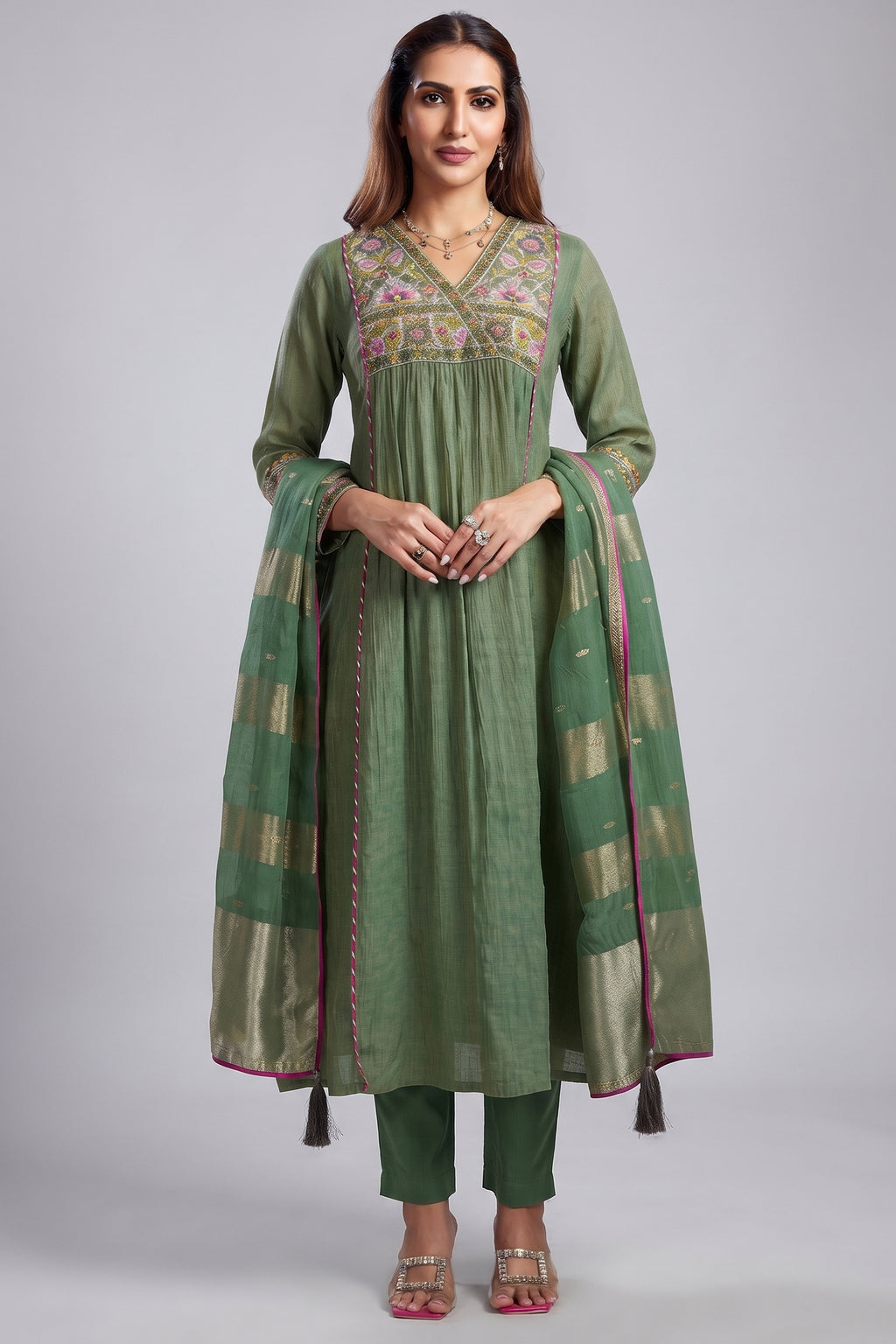 Meadow Green Cotton Silk Mul Embroidery Mirror Wrap Bodice Kurta Set