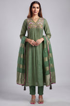 Meadow Green Cotton Silk Mul Embroidery Mirror Wrap Bodice Kurta Set