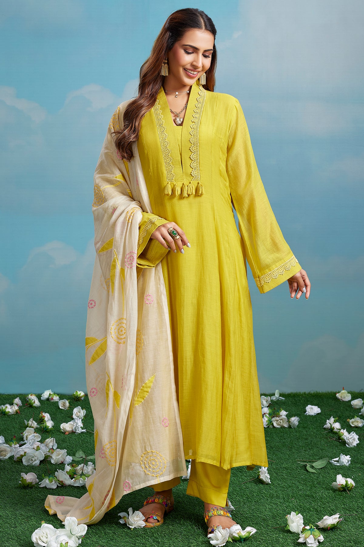Yellow Cotton Mul V Neck A Line Kurta Set