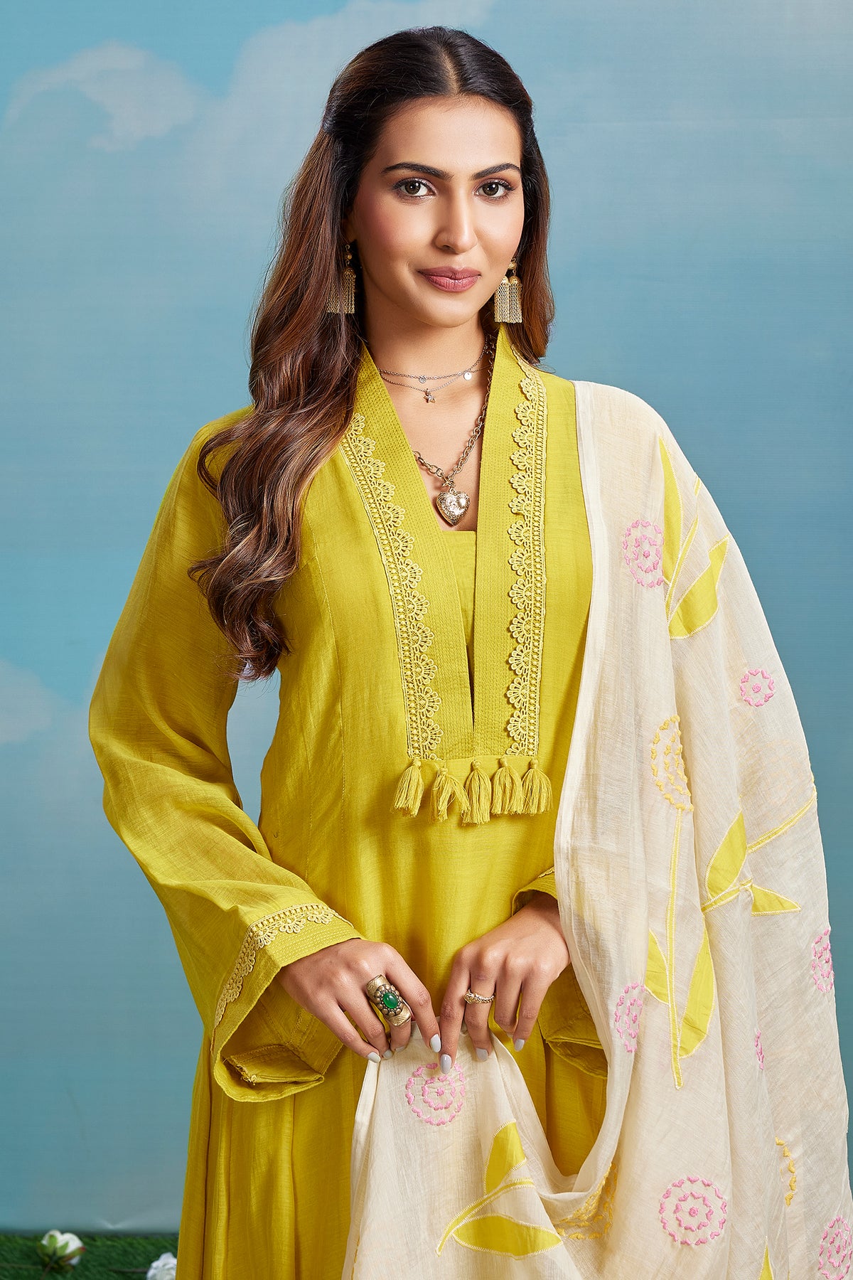 Yellow Cotton Mul V Neck A Line Kurta Set