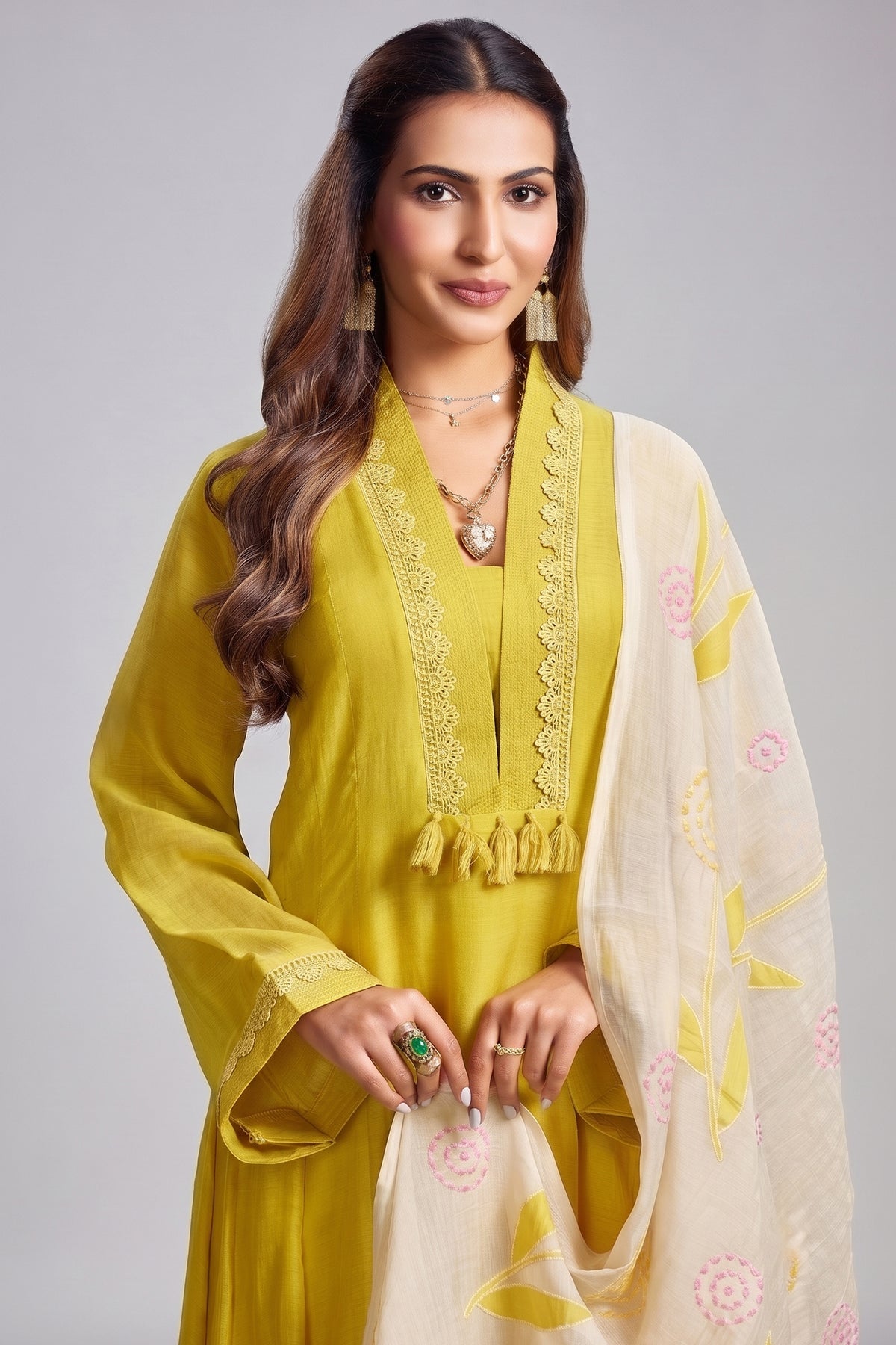 Yellow Cotton Mul V Neck A Line Kurta Set
