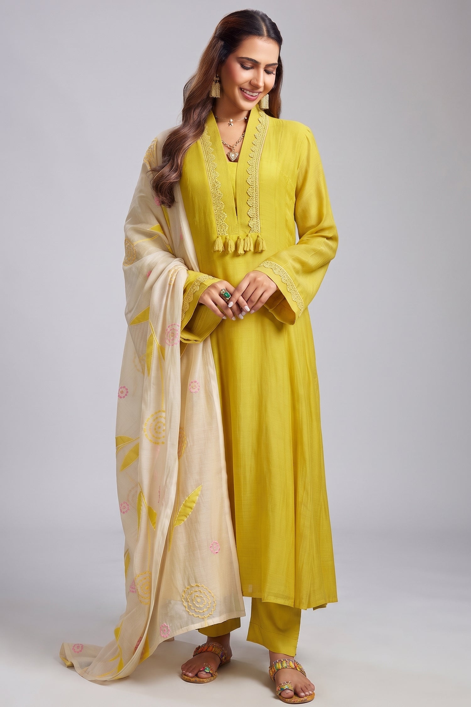 Yellow Cotton Mul V Neck A Line Kurta Set Main image