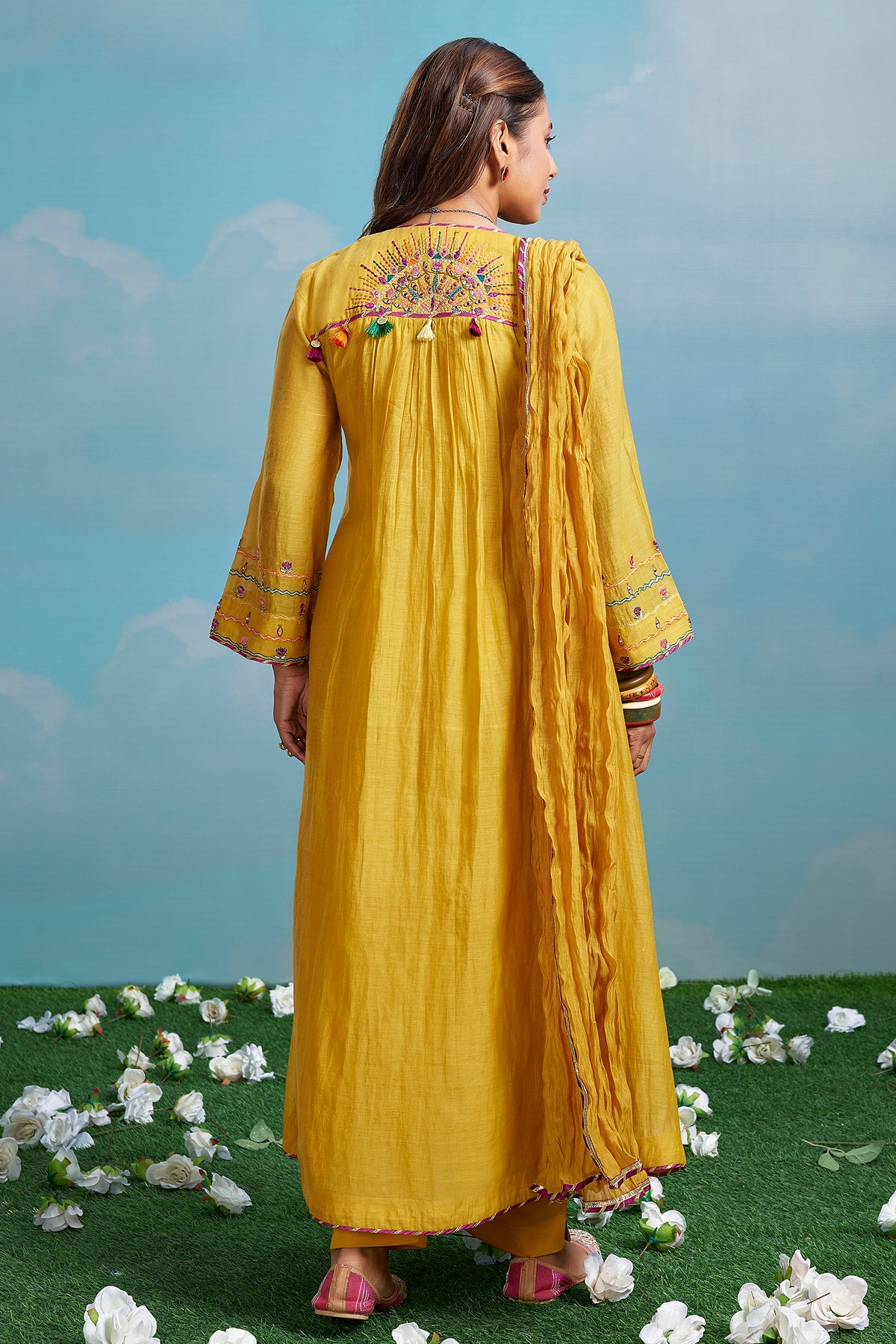 Yellow Cotton Mul Mirror Embroidered Flared A Line Kurta Set