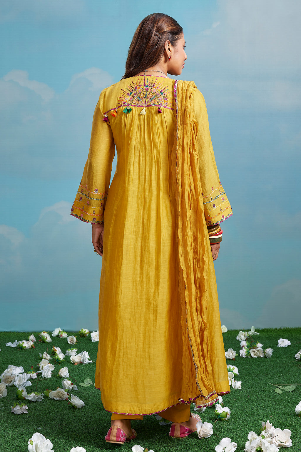 Yellow Cotton Mul Mirror Embroidered Flared A Line Kurta Set