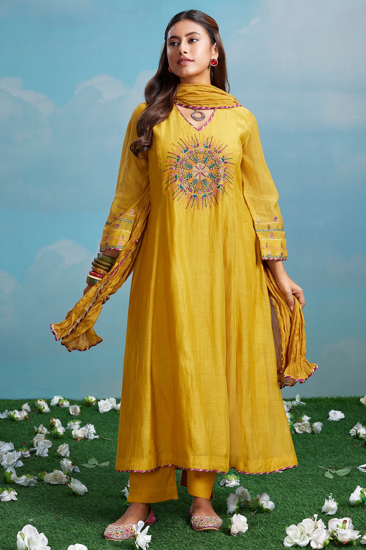 Yellow Cotton Mul Mirror Embroidered Flared A Line Kurta Set