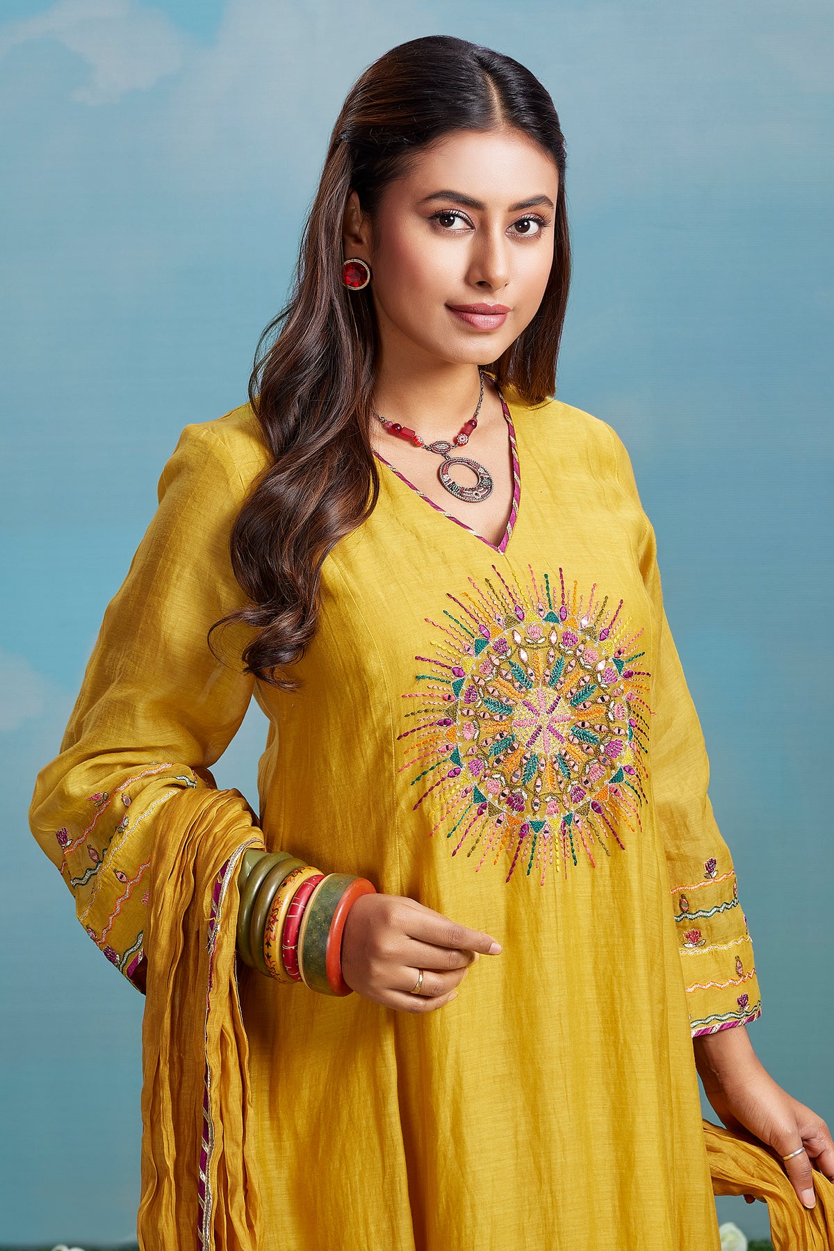 Yellow Cotton Mul Mirror Embroidered Flared A Line Kurta Set