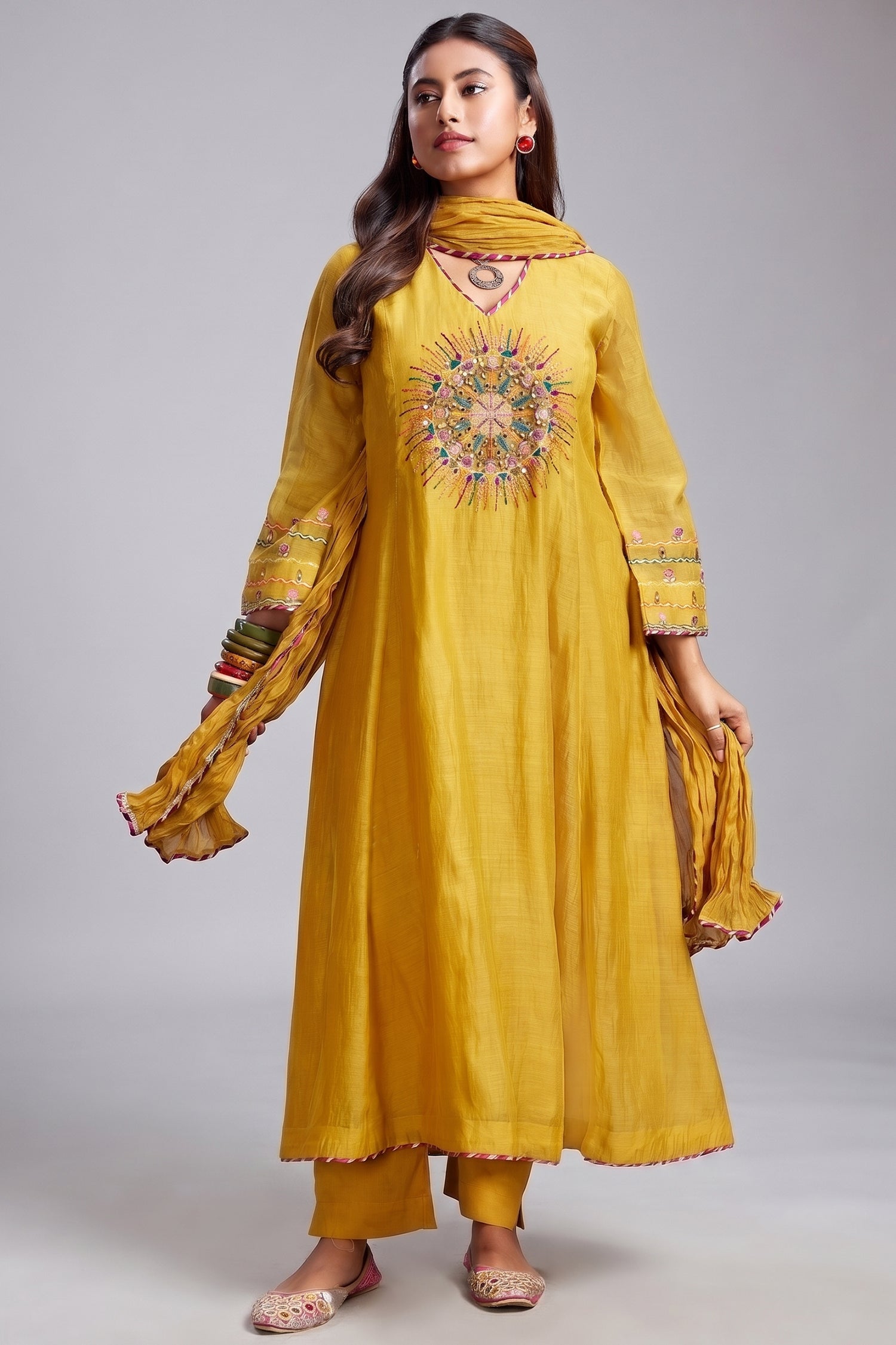 Yellow Cotton Mul Mirror Embroidered Flared A Line Kurta Set Main image