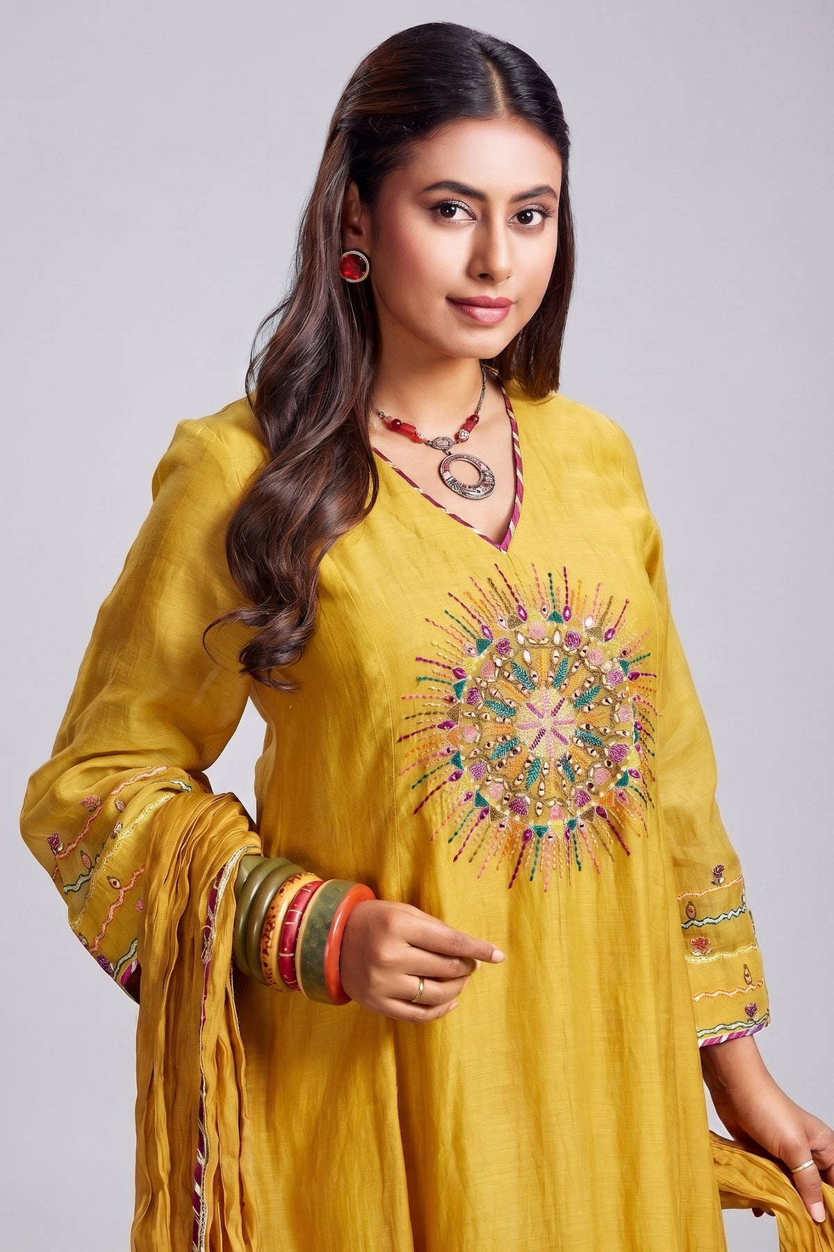 Yellow Cotton Mul Mirror Embroidered Flared A Line Kurta Set