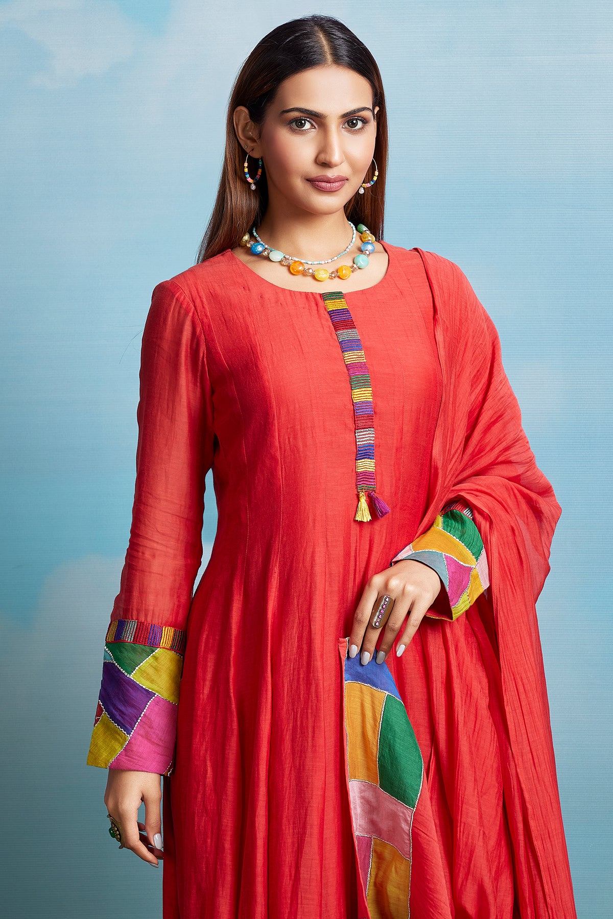 Red Cotton Mul Flared Paneled Anarkali Kurta Set with Patch Work Details