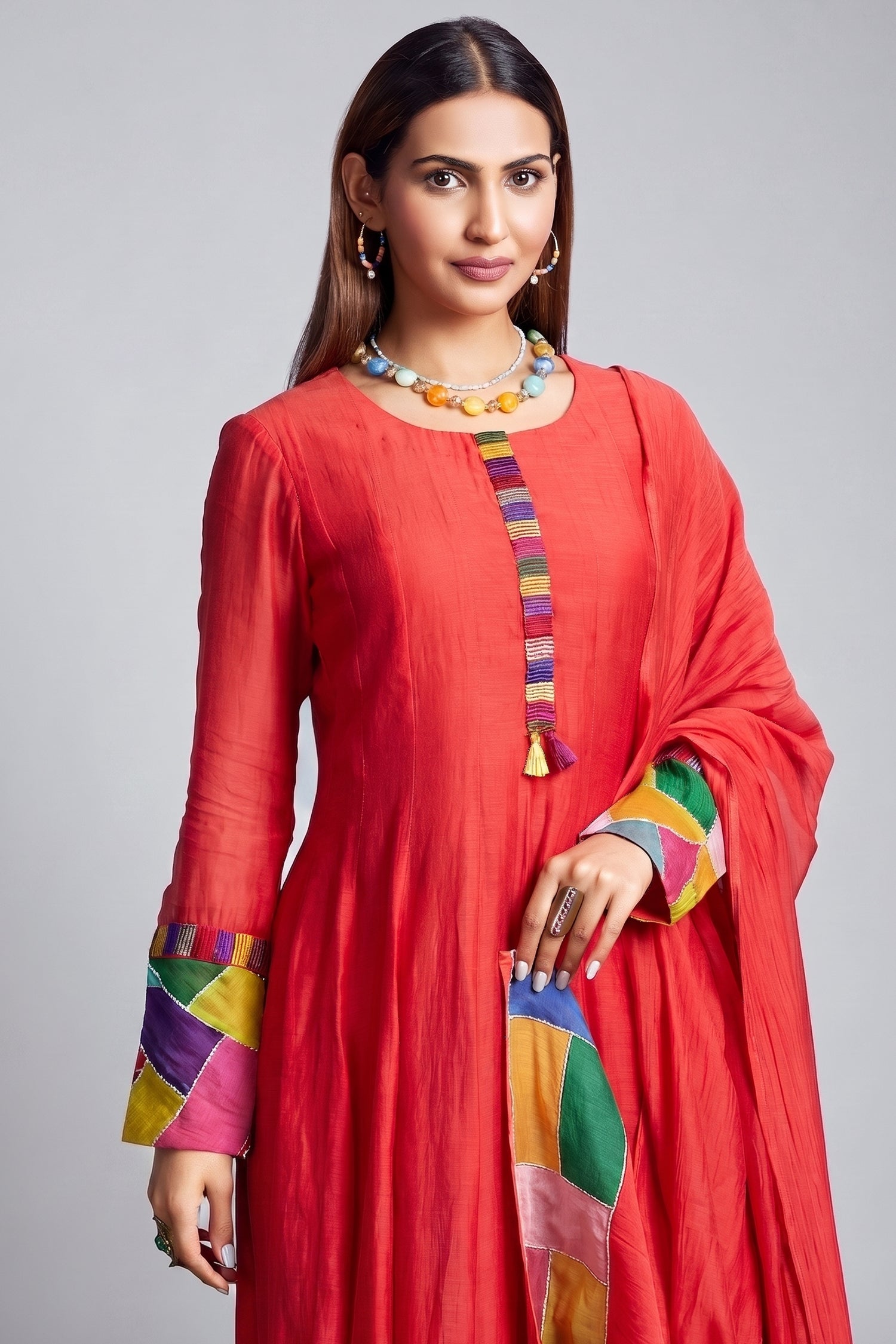 Red Cotton Mul Flared Paneled Anarkali Kurta Set with Patch Work Details Secondary image