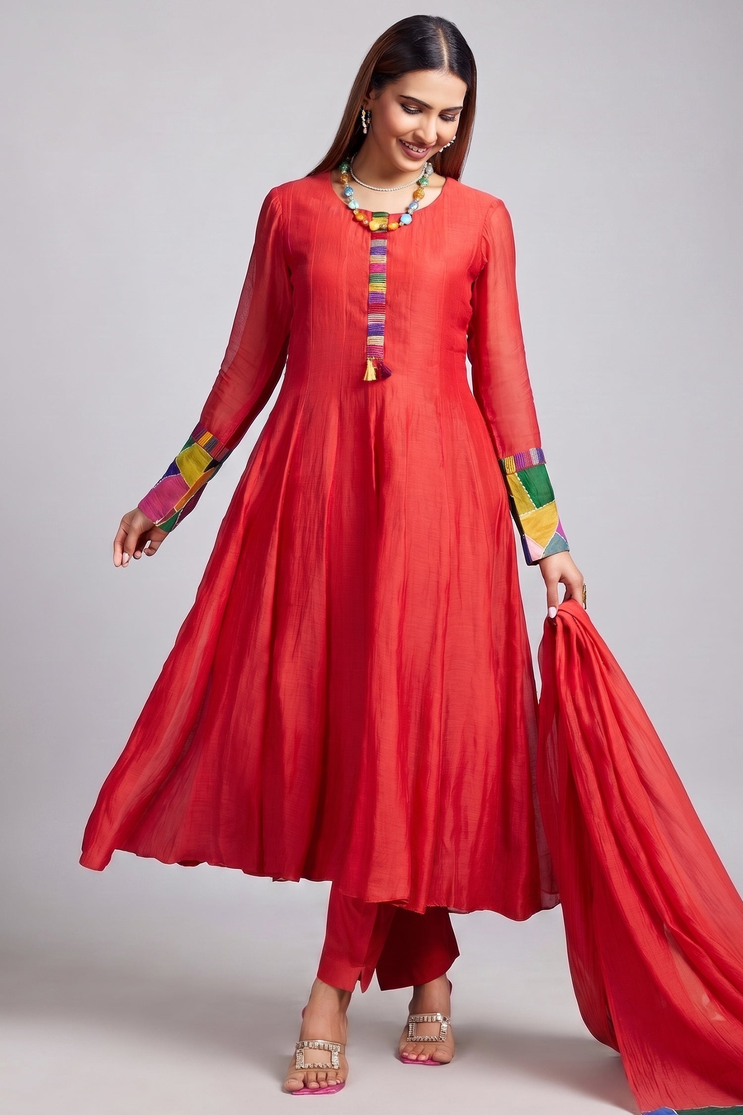 Red Cotton Mul Flared Paneled Anarkali Kurta Set with Patch Work Details Main image