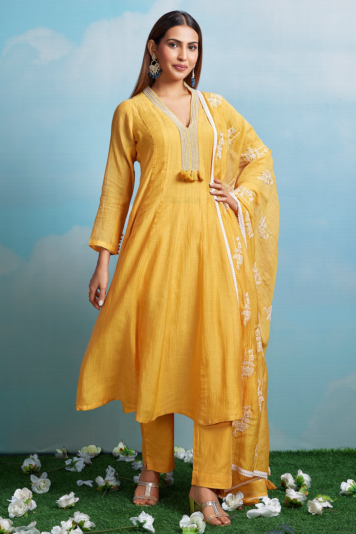 Yellow Cotton Mul Embroidered Kurta Set