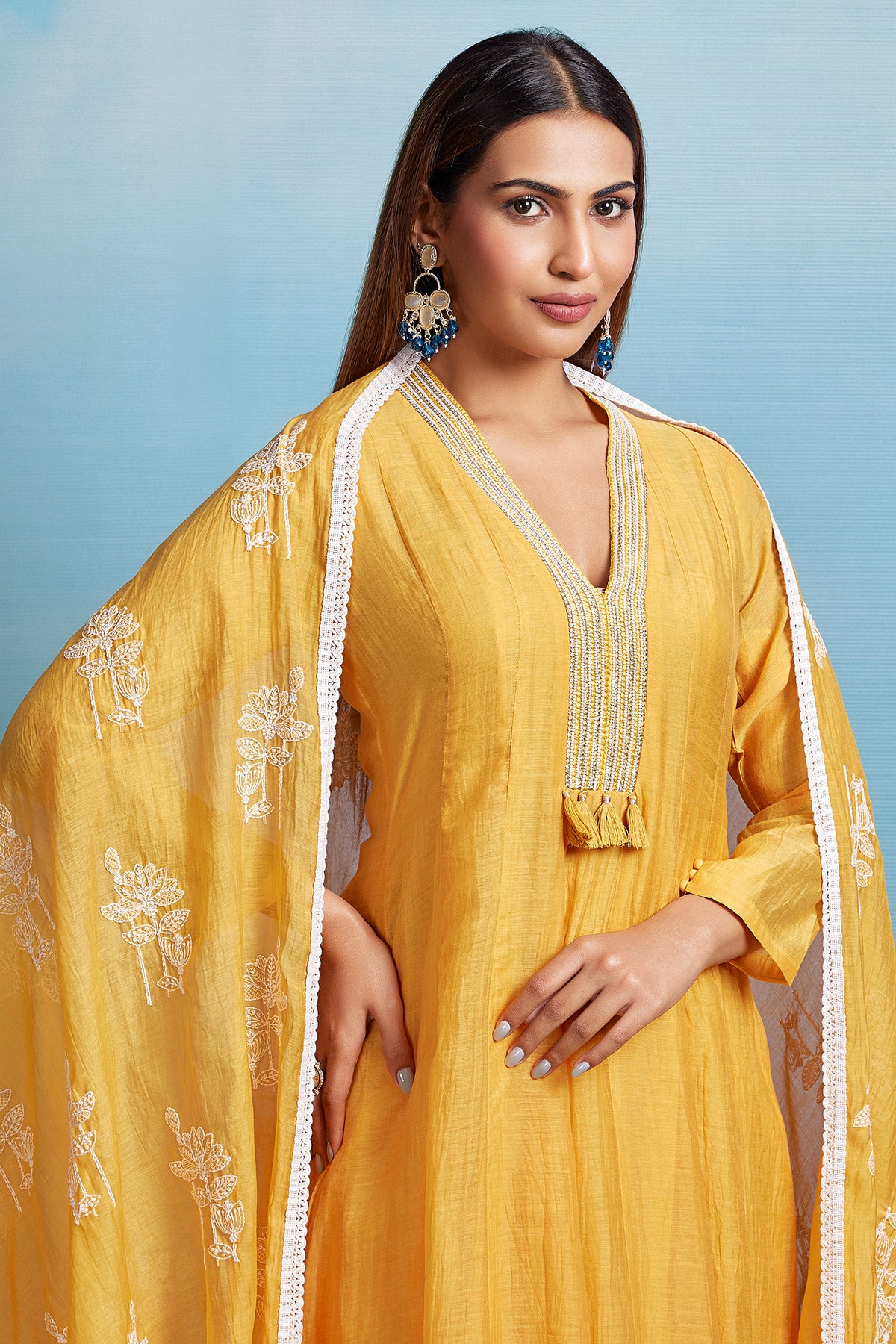 Yellow Cotton Mul Embroidered Kurta Set