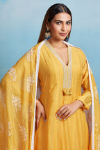 Yellow Cotton Mul Embroidered Kurta Set