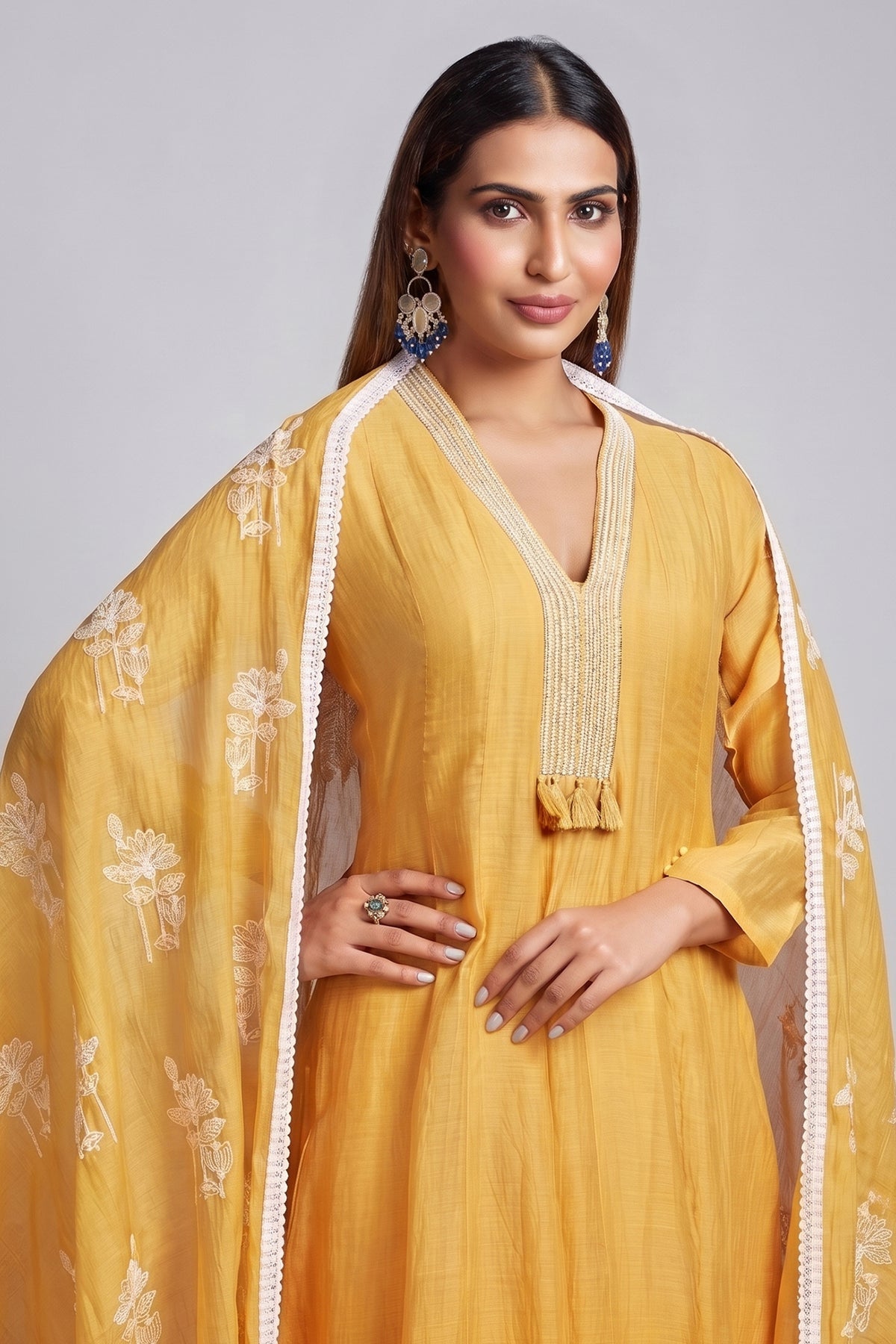Yellow Cotton Mul Embroidered Kurta Set