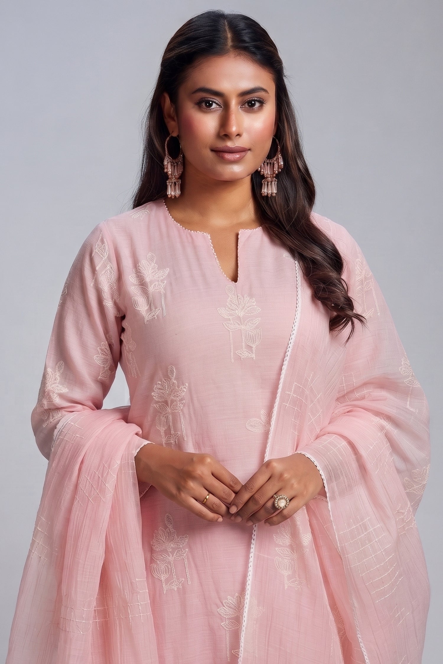 Light Pink Cotton Mul Embroidery Straight Cut Kurta Set Secondary image