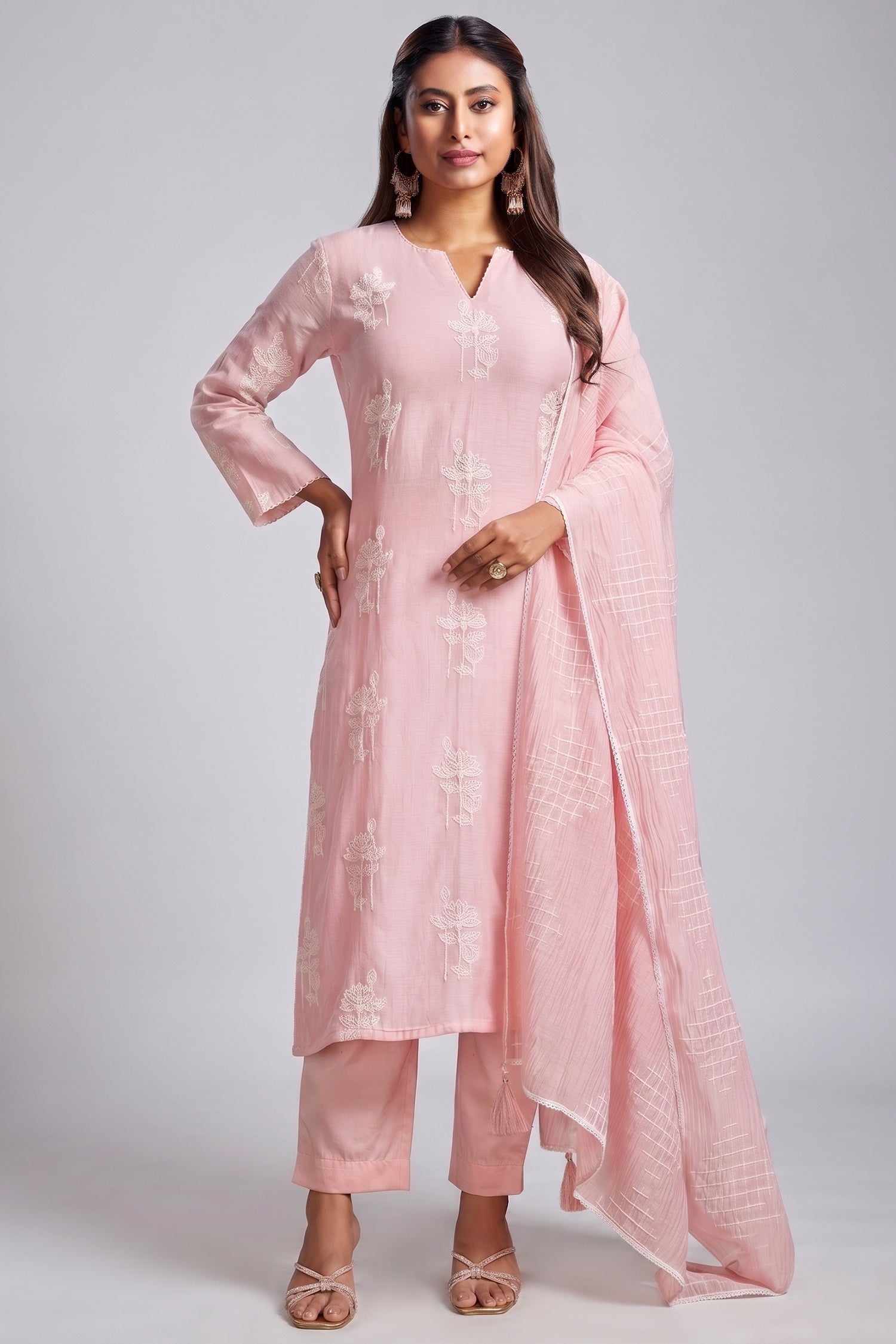 Light Pink Cotton Mul Embroidery Straight Cut Kurta Set Main image