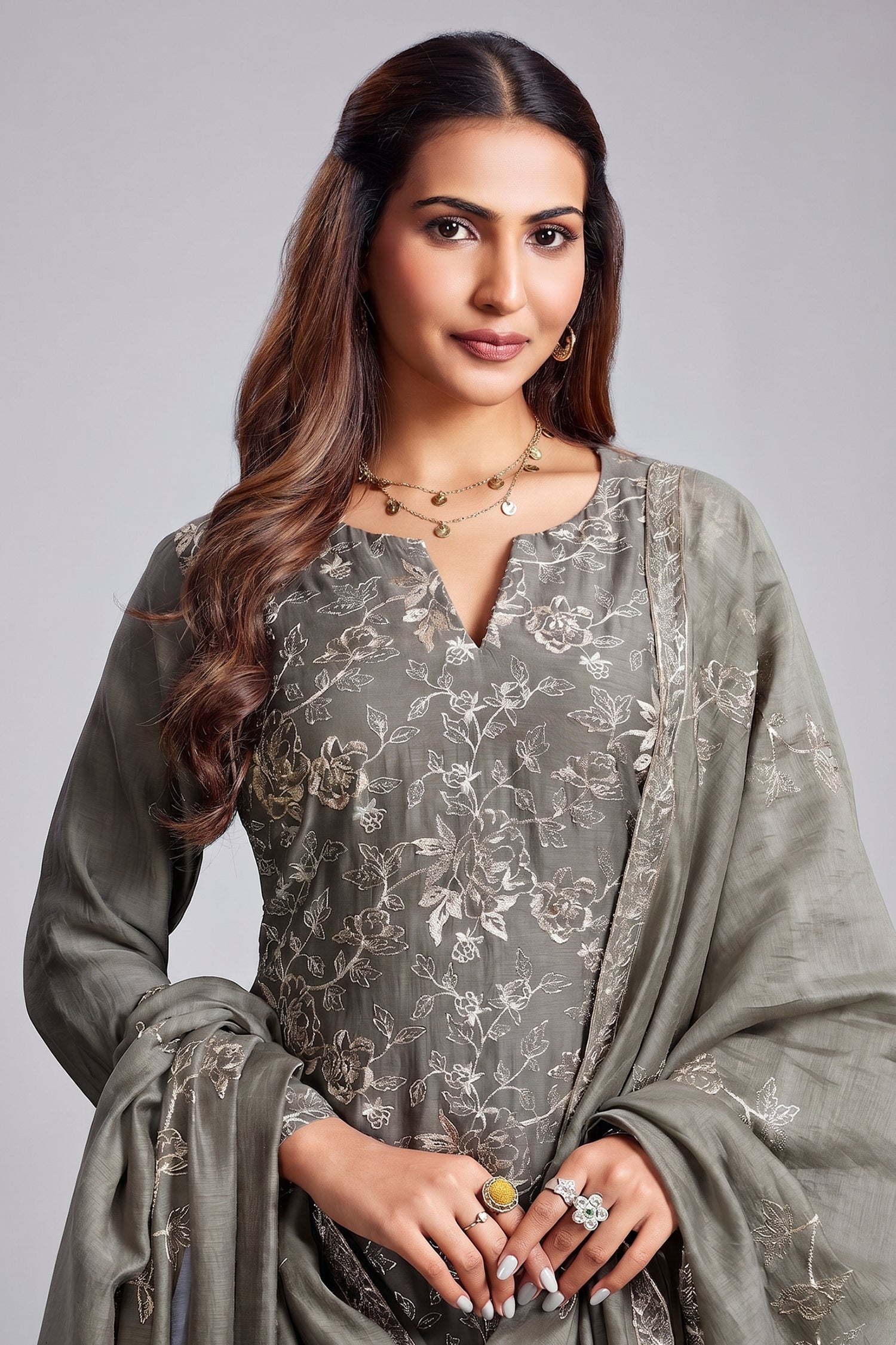 Sage Grey Cotton Mul Embroidered Straight Cut Kurta Set Secondary image