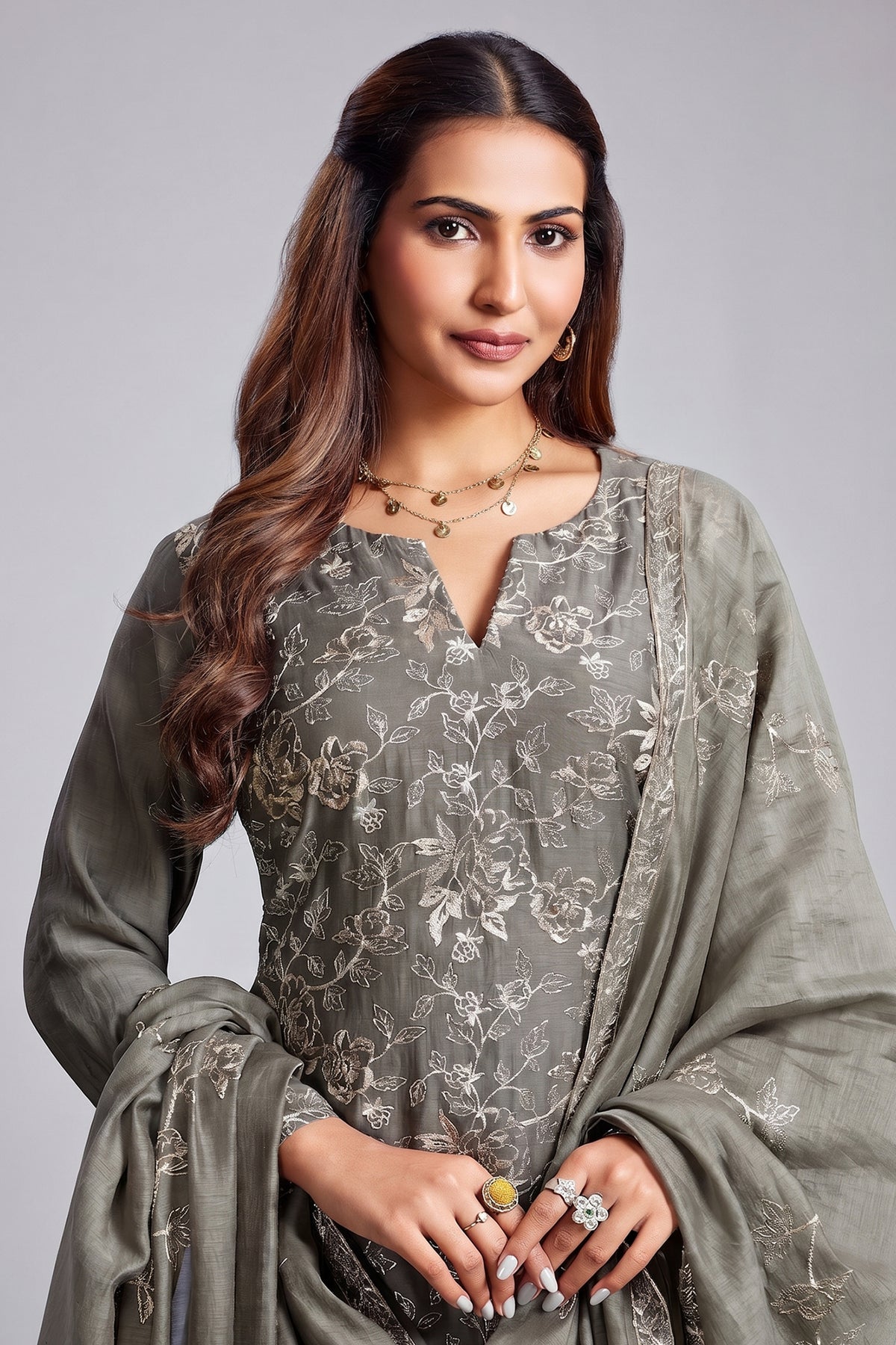 Sage Grey Cotton Mul Embroidered Straight Cut Kurta Set