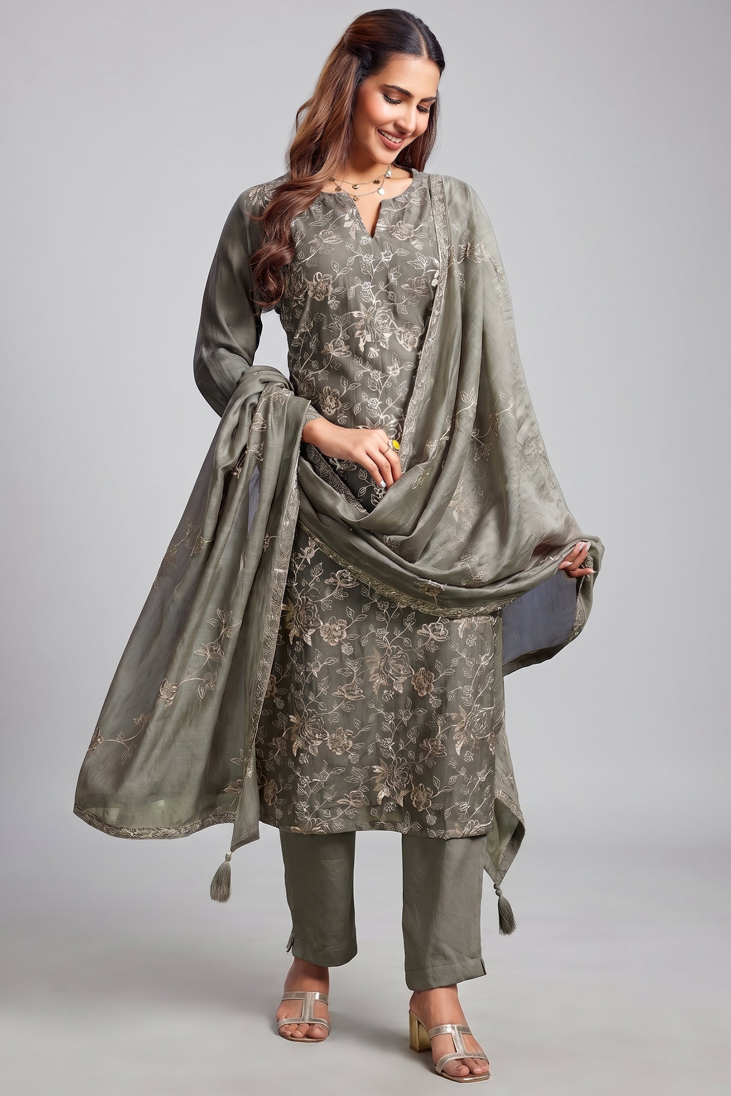 Sage Grey Cotton Mul Embroidered Straight Cut Kurta Set Main image